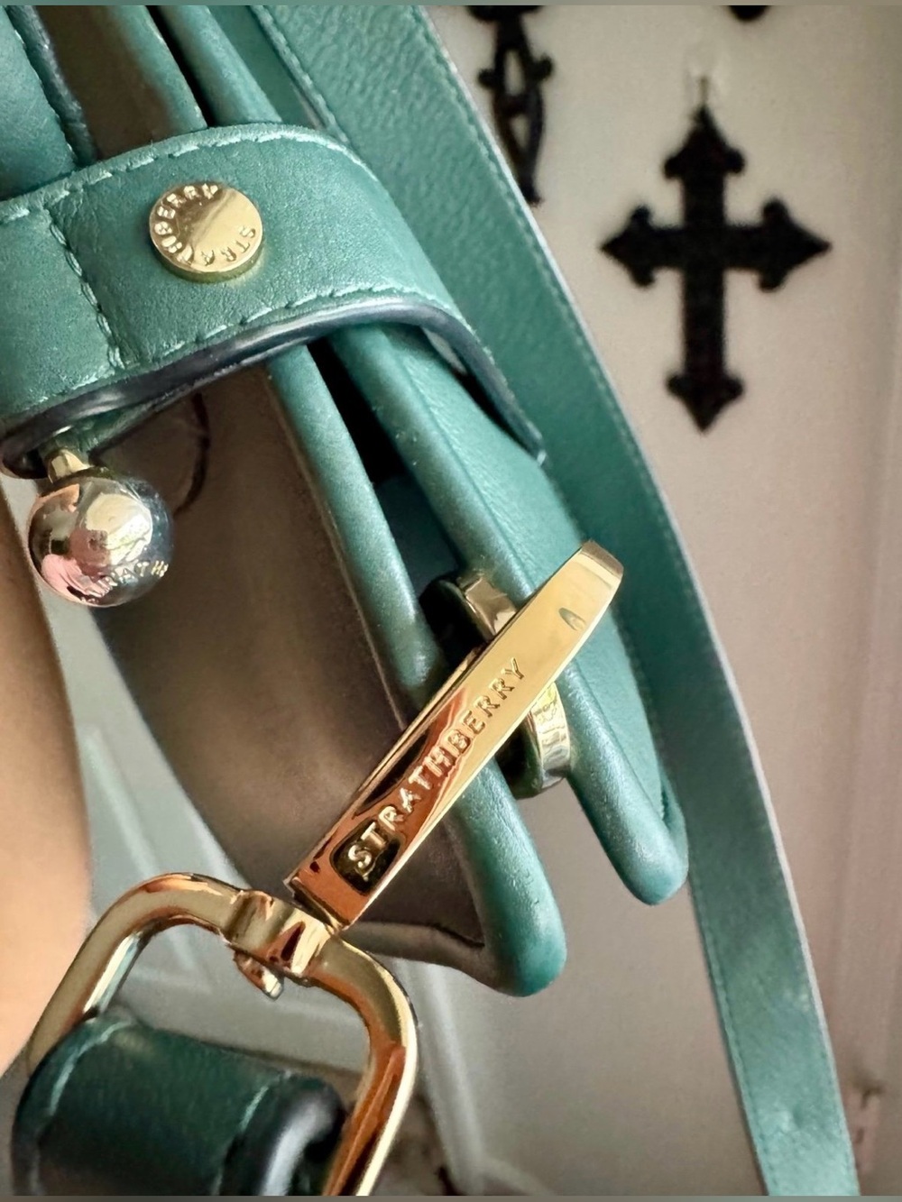 Strathberry Midi medium Tote 👜 Bottle Green Leather Top Handle Shoulder Bag $875 - Picture 3 of 16